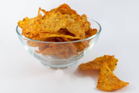 Closeup of tortilla chips in a bowlの写真素材