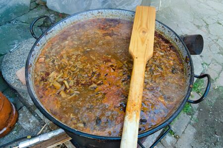 Mushroom stew cooking in a cauldronの写真素材
