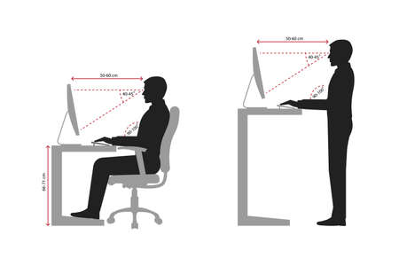 Correct sitting and standing posture when using a computer silhouetteのイラスト素材
