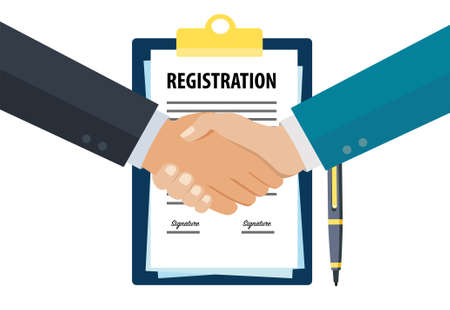Businessman handshake after signing registration documentのイラスト素材