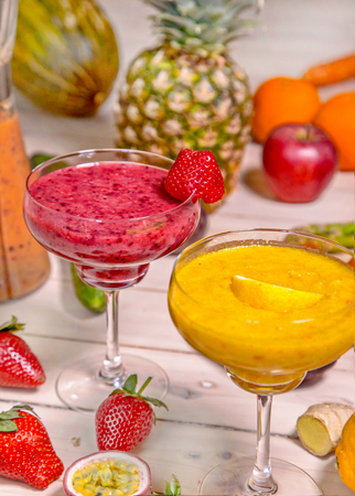 Smoothies with fruit backgroundの写真素材