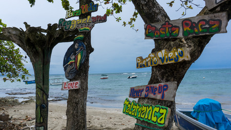 Costa Rica Puerto Viejo de Talamanca Sign at the Beachの写真素材
