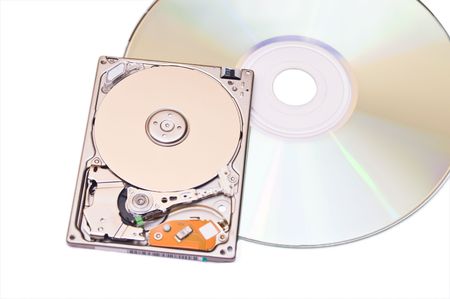 Portable hard disk drive and compact disc isolated on white background