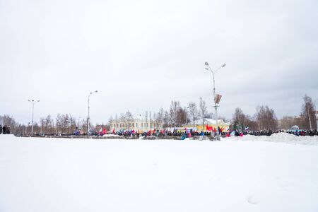 PETROZAVODSK, RUSSIA, MARCH 16, 2014: Russian people protest against war in Crimea and support democracy in Crimea. Today Crimea votes in referendum on whether to rejoin Russia or stay with Ukraine.のeditorial素材