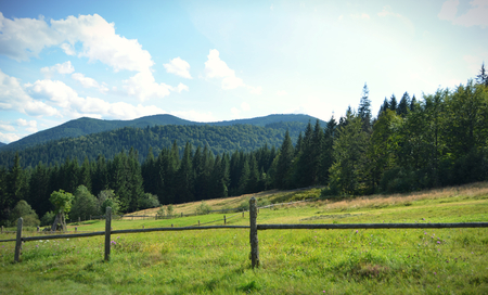 Lovely view of the mountains with forest and the rural field with a fenceの写真素材