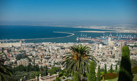 Haifa, Israel. July 23, 2019. Panoramic view of the Bahai Gardens and of Haifa Bay and Port on the Mediterranean Coastのeditorial素材