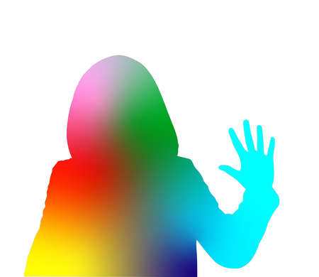 Colourful silhouette portrait of a man in a hood showing stop hand, prohibition, forbidden concept.の写真素材