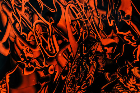 Abstract background with swirling paint effect. Liquid acrylic artwork with colorful mixed paints. Can be used for wallpaper, background or poster. orange and black colors. Highly-textured oil paint. Marble textureの写真素材