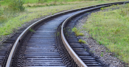 Autumn Industrial landscape, railway receding into the distanceの写真素材