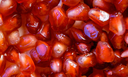 This is a close-up photograph of pomegranate seeds, showing their vibrant red color and texture.の写真素材