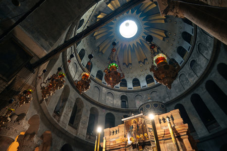 Jerusalem, Israel - July 24 2019: The interior of the Church of the Holy Sepulchre, where Jesus was...