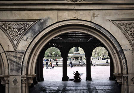 New York, NY / USA - April 24 2020: View to the lower level of Bethesda Terrace in Central Park, NYC...