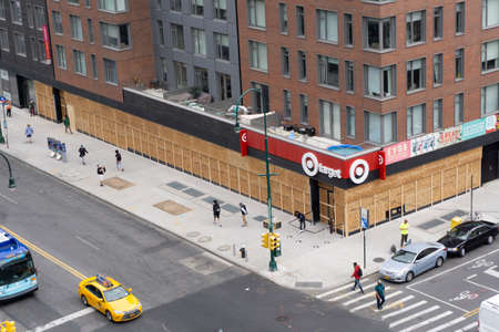 New York, NY - June 1 2020: Target in East Village is boarded up with plywood in anticipation of...