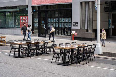 New York / USA - October 10 2020: An empty outdoor restaurant in midtown Manhattan. Covid outdoor...