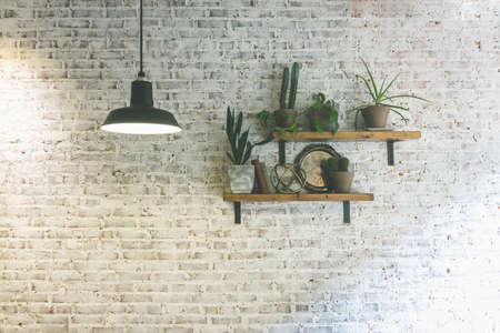Modern stylish white brick wall with shelves and plants. Hanging lighting lamp giving creating ambientの写真素材