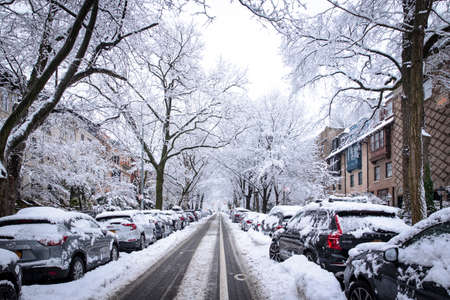 Brooklyn, NY - February 7 2021: Winter scene with snow covered cars parked along streets in Brooklyn, NY. Brownstones in winter seasonのeditorial素材