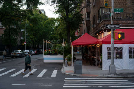 New York, USA - October 15 2020: An empty outdoor restaurant in downtown Manhattan. Covid outdoor...