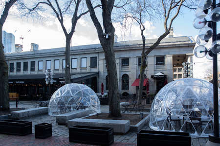 Boston, MA - April 8 2021: An empty outdoor restaurant during covid outbreak. Restaurants started...
