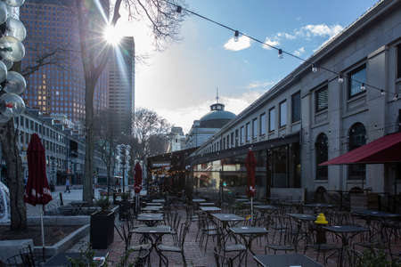 Boston, MA - April 8 2021: An empty outdoor restaurant during covid outbreak. Restaurants started...