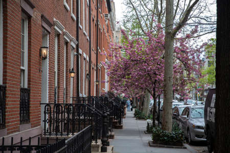 New York City - April 18 2021: a row of brownstone buildings with gas lamp at each entrance in Manhattan, New York City. Spring with blooming tree in the cityのeditorial素材
