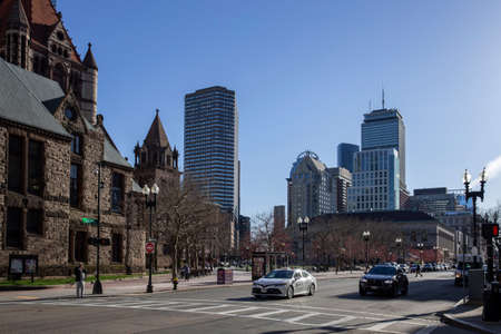 Boston, MA - April 8 2021: Back Bay neighborhood of Boston with office buildings and Trinity church. Center of Boston at Boylston Street.のeditorial素材