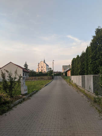 Brick stone pavement with buildings and trees on a nice warm dayの写真素材