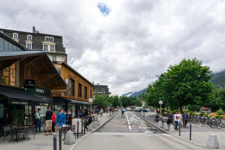 Chamonix-Mont-Blanc, Haute Savoie, France - August 25 2021: One of the main streets in Chamonix with tourist during pandemicのeditorial素材
