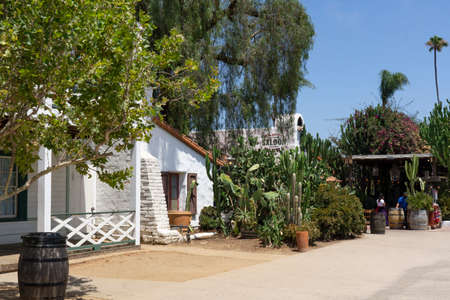 Wooden barrels and cactus in San Diego, California, USA - August 4, 2015: Old Town San Diego, California. Architecture of white buildingsのeditorial素材