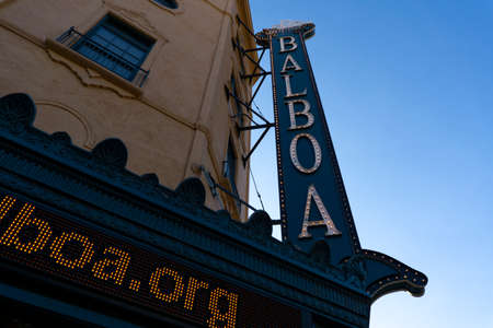 San Diego, USA - August 4 2021: Signage of Balboa historic theater in downtown San Diego, California. Movie theatre seen from outside with facade of the buildingのeditorial素材