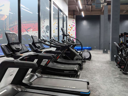 Interior of gym or fitness center with treadmill with climbing wall behind windows