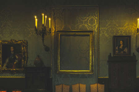Boston, USA - October 22, 2021: Stolen Rembrandtâs painting "Storm" in the Isabella Stewart Gardner Museum. The picture frame is marking the theft of the artのeditorial素材