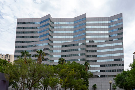 Exterior of modern building in Los Angeles with palm trees around