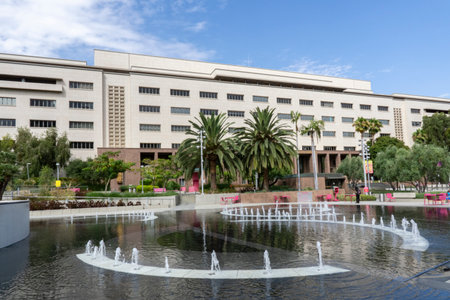 Fountains in Grand Park in Downtown Los Angeles, California. Open seating areaのeditorial素材