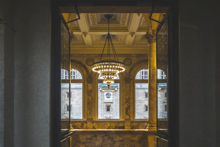 Interior of Boston Public Library with decoration and chandelier in retro styleのeditorial素材