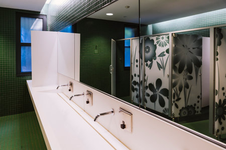 Public bathroom with long sink and facets. Reflection of tiled wall, floor and doorsのeditorial素材