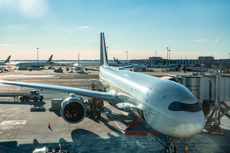 New York City, USA - January 28, 2022: Delta Airbus 330 getting ready for the next flight. Fueling and checking airplane on the JFK airportのeditorial素材