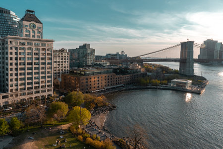 Brooklyn, NY - April 30 2022: Overhead View of Park in Dumbo, Brooklyn of New York City. Brooklyn Bridge and East riverのeditorial素材
