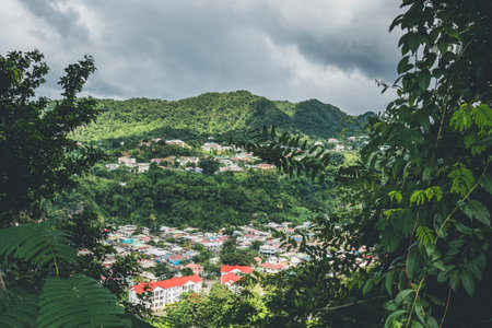 Caribbean coastal city of Roseau in Dominica, with view of tropical mountainsの写真素材