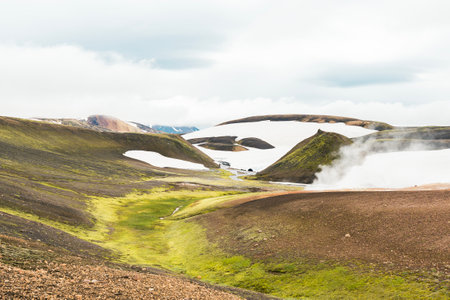 View of volcanic landscape in Iceland on a cloudy dayの写真素材