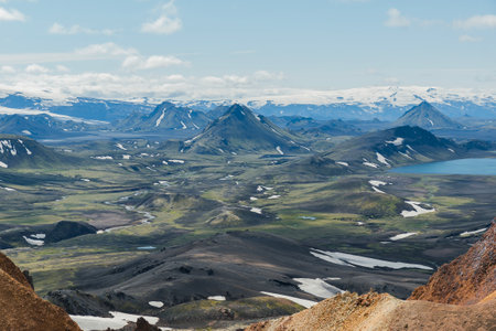 View of landscape in Iceland on a nice sunny day during famous Laugavegur trailの写真素材
