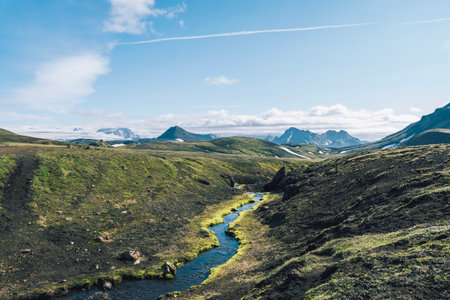 View of amazing landscape in Iceland while trekking famous Laugavegur trailの写真素材