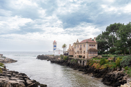 View of Santa Marta lighthouse on the estuary of the River Tagus in Cascais, Portugalの写真素材