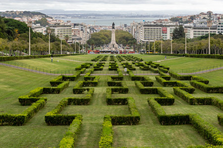 Lisbon, Portugal - March 5, 2023: View of Eduardo VII park with labyrinth in Lisbon, Portugal on a cloudy dayのeditorial素材