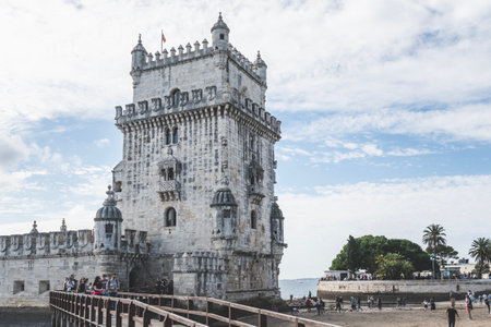 Lisbon, Portugal - March 8, 2023: Belem Tower of Saint Vincent , Lisbon, Portugal. Beautiful 16th-century fortification. Portuguese Renaissance, Manueline style. UNESCO world heritage.のeditorial素材