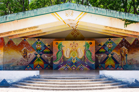 San Marcos La Laguna, Guatemala- May 21, 2023: Colorful mural on stage walls in San Marcos La Laguna, Guatemalaのeditorial素材