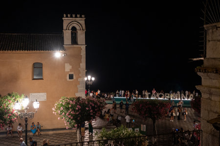 Taormina , Italy - August 9 2023: San Giuseppe Church in Taormina at Main Square Piazza 9 Aprileのeditorial素材