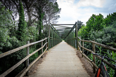 Green rusty metal footpath bridge in Girona on a hiking routeの写真素材