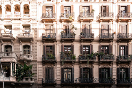 facade of the historical building with shutters and plants on balconiesの写真素材