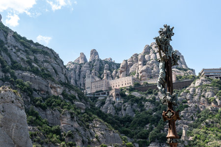 View of Montserrat in Catalonia, Spain. Rock formation with monastery in the backgroundの写真素材