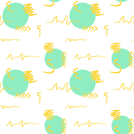 Handdrawn brush stroke and circle seamless pattern. Memphis style pattern. Abstract background. Yellow and turquoise color.のイラスト素材